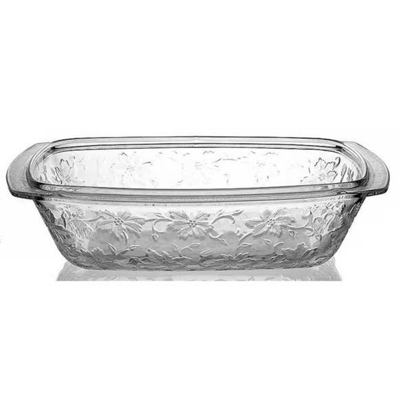 Vintage Glass Baking Dish Embossed Floral Design Rectangular Clear - Picture 1 of 9